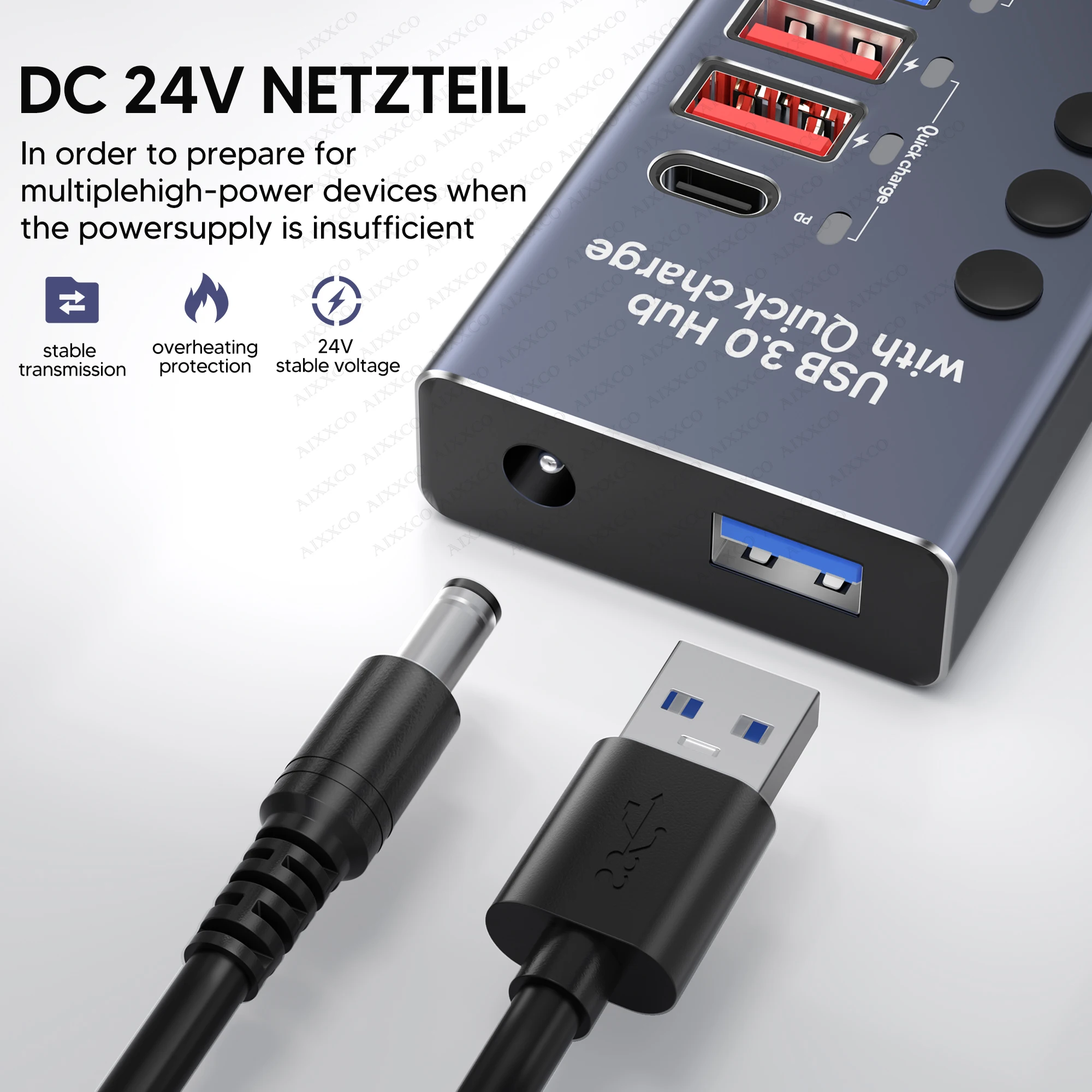 AIXXCO USB Hub Splitter Socket with Multi USB 3.0 Port Slot Plug On-Off Key Switch Dock Power Strip Adapter for PC Lapto thumbnail 3