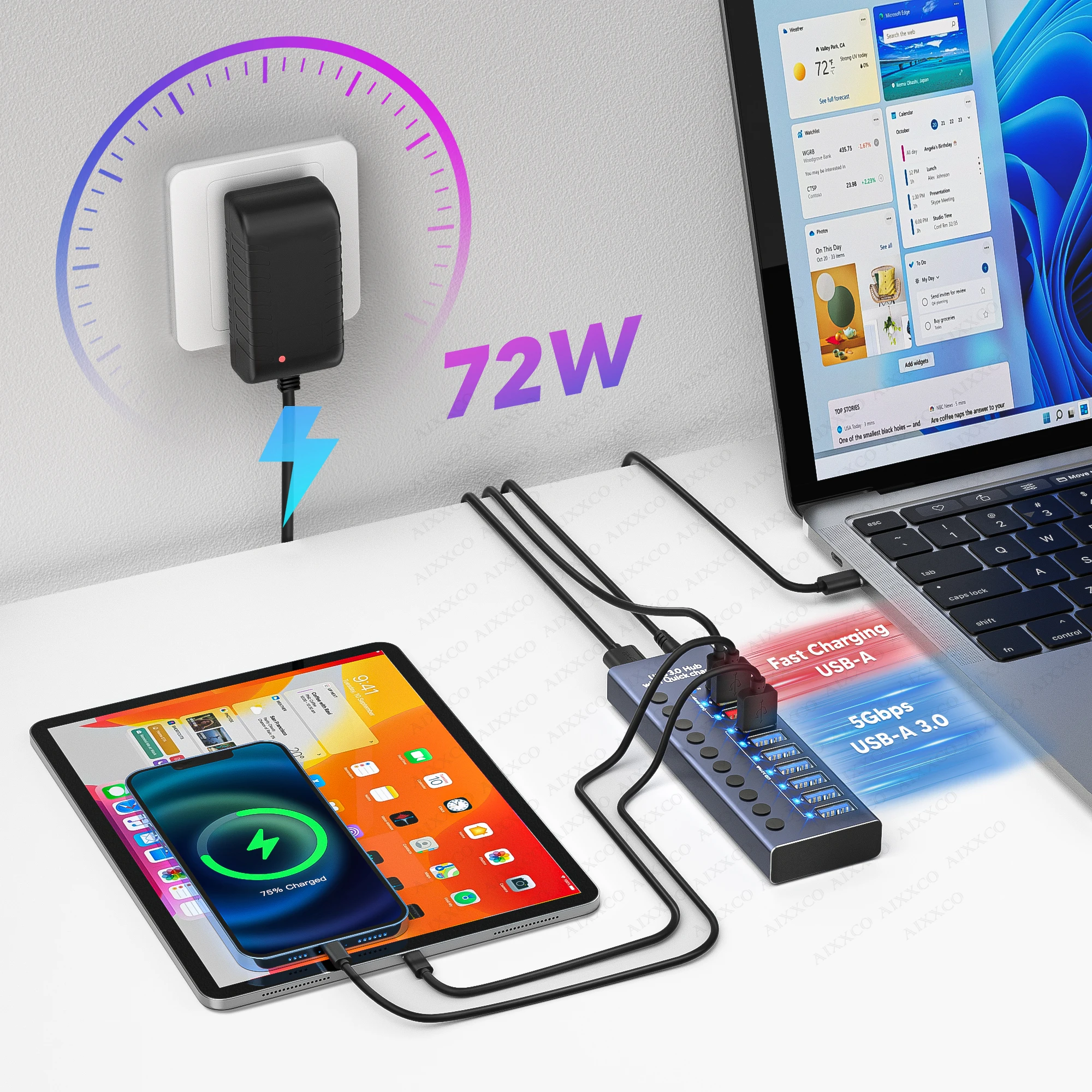 AIXXCO USB Hub Splitter Socket with Multi USB 3.0 Port Slot Plug On-Off Key Switch Dock Power Strip Adapter for PC Lapto thumbnail 6