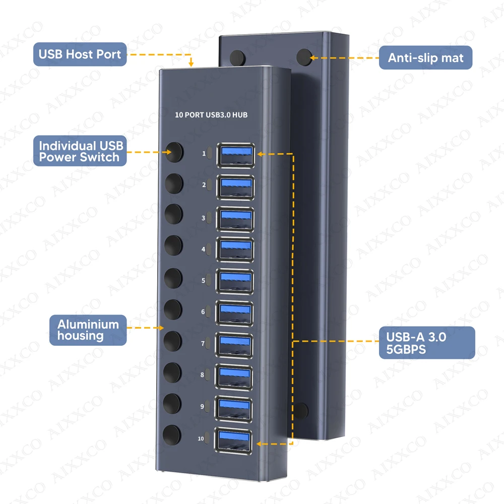 AIXXCO USB Hub Splitter Socket with Multi USB 3.0 Port Slot Plug On-Off Key Switch Dock Power Strip Adapter for PC Lapto thumbnail 5
