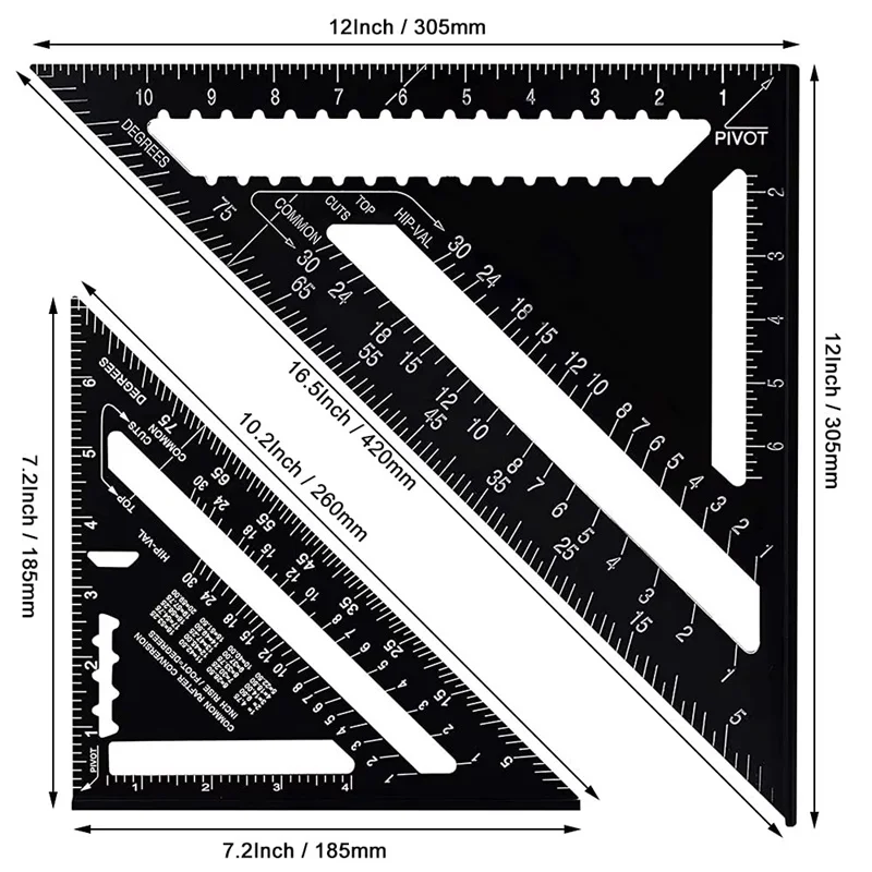 7'' /12" Triangle Ruler Carpenter Measuring Layout Tool Metric Alloy Metal Triangle Ruler Protractor for Woodworking Tools thumbnail 6