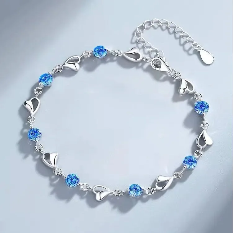 925 Sterling Silver Heart Shaped Necklace Bracelet Set for Women Vintage Korean Crystal Bracelets High Quality Set Party Jewelry thumbnail 5