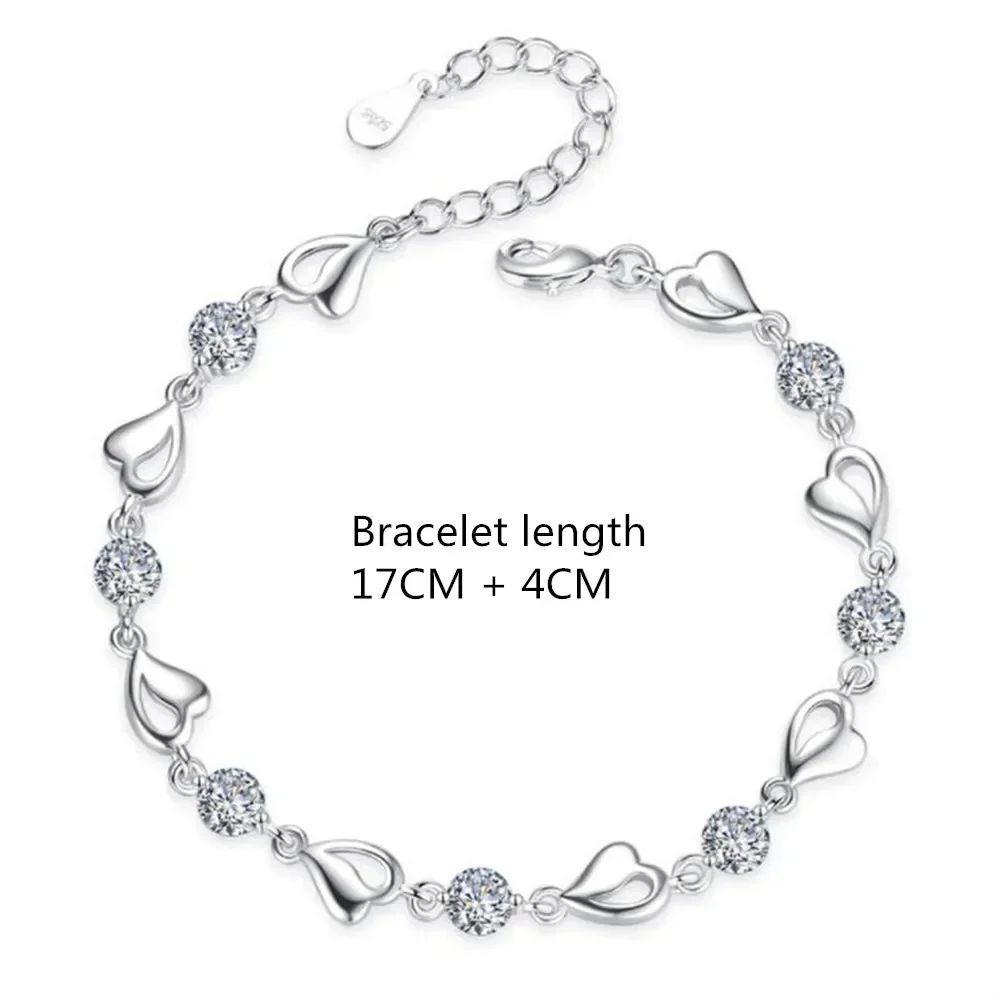 925 Sterling Silver Heart Shaped Necklace Bracelet Set for Women Vintage Korean Crystal Bracelets High Quality Set Party Jewelry thumbnail 6
