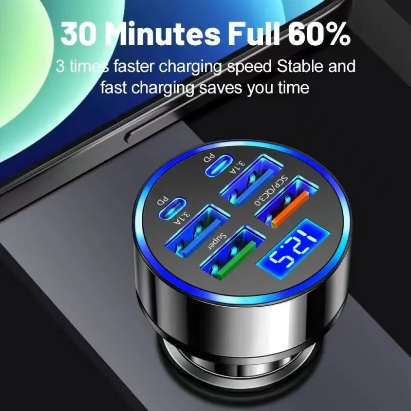 UYUXIO USB C Car Charger Adapter with Voltage Display 6 in 1 Super Fast in Car for iPhone 16 15 Pro Max Samsung Android Phone thumbnail 5
