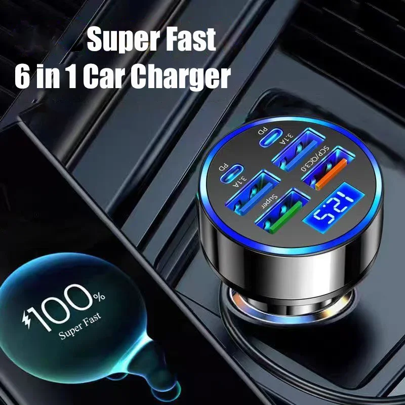 UYUXIO USB C Car Charger Adapter with Voltage Display 6 in 1 Super Fast in Car for iPhone 16 15 Pro Max Samsung Android Phone thumbnail 2