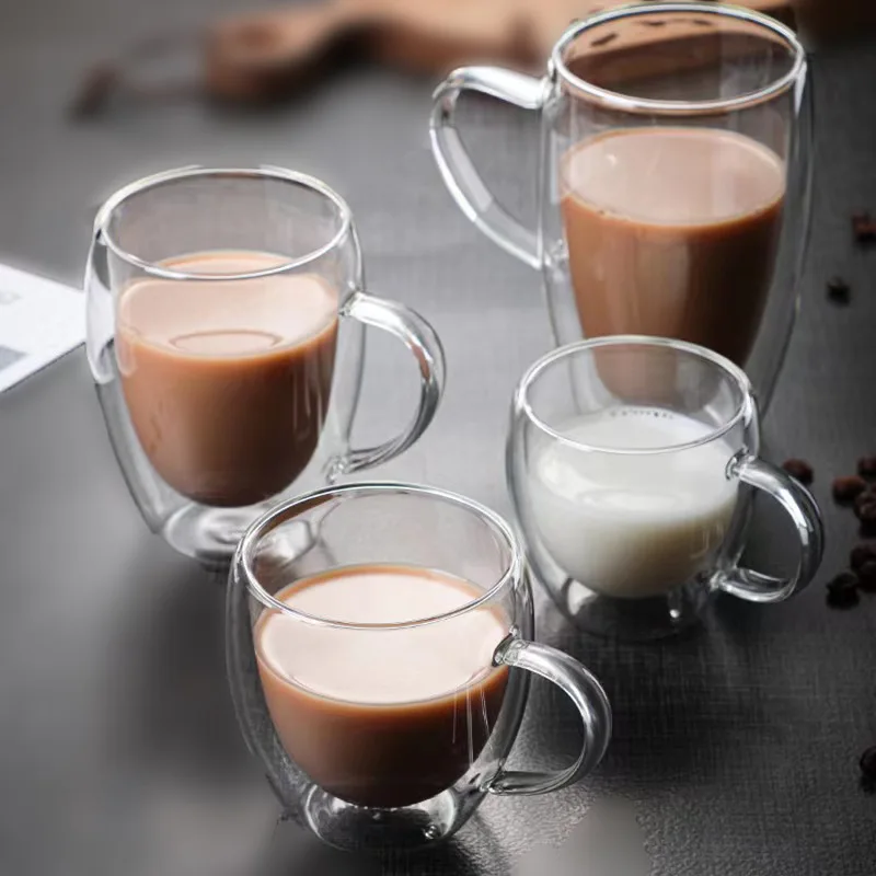 2PC Double Wall Glass Cup Heat Insulation Transparent Handmade Tea Drink Cups MINI Whisky glasses Coffee Mug with handle ﻿