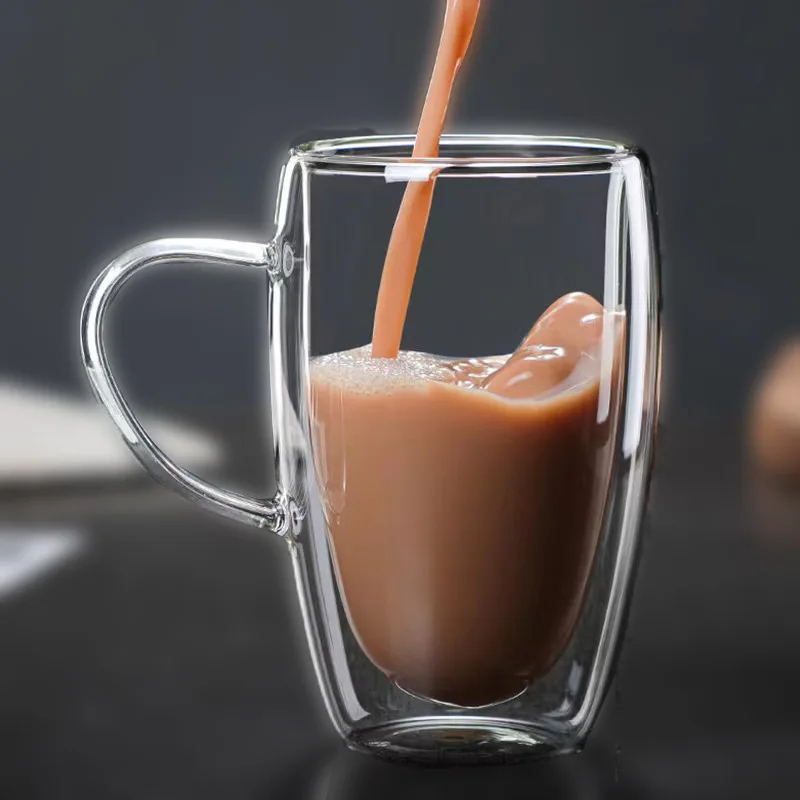 2PC Double Wall Glass Cup Heat Insulation Transparent Handmade Tea Drink Cups MINI Whisky glasses Coffee Mug with handle ﻿ thumbnail 2