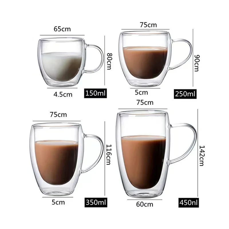2PC Double Wall Glass Cup Heat Insulation Transparent Handmade Tea Drink Cups MINI Whisky glasses Coffee Mug with handle ﻿ thumbnail 5