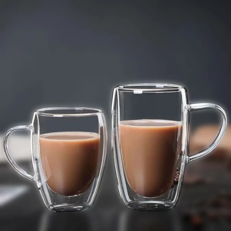2PC Double Wall Glass Cup Heat Insulation Transparent Handmade Tea Drink Cups MINI Whisky glasses Coffee Mug with handle ﻿ thumbnail 3