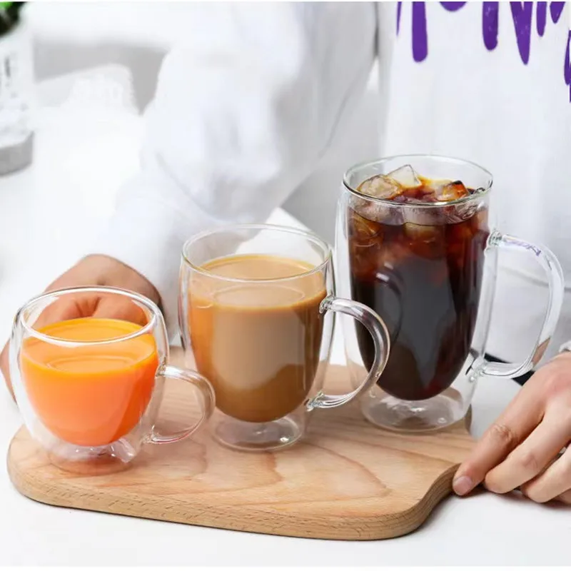 2PC Double Wall Glass Cup Heat Insulation Transparent Handmade Tea Drink Cups MINI Whisky glasses Coffee Mug with handle ﻿ thumbnail 4