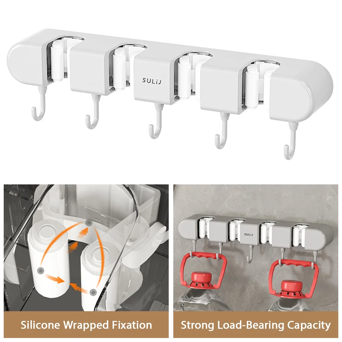 Broom Mop Holder with Hooks Wall Mounted Broom Storage Rack No Drilling Self-Adhesive Kitchens Organizer Multifunction Holder thumbnail 3