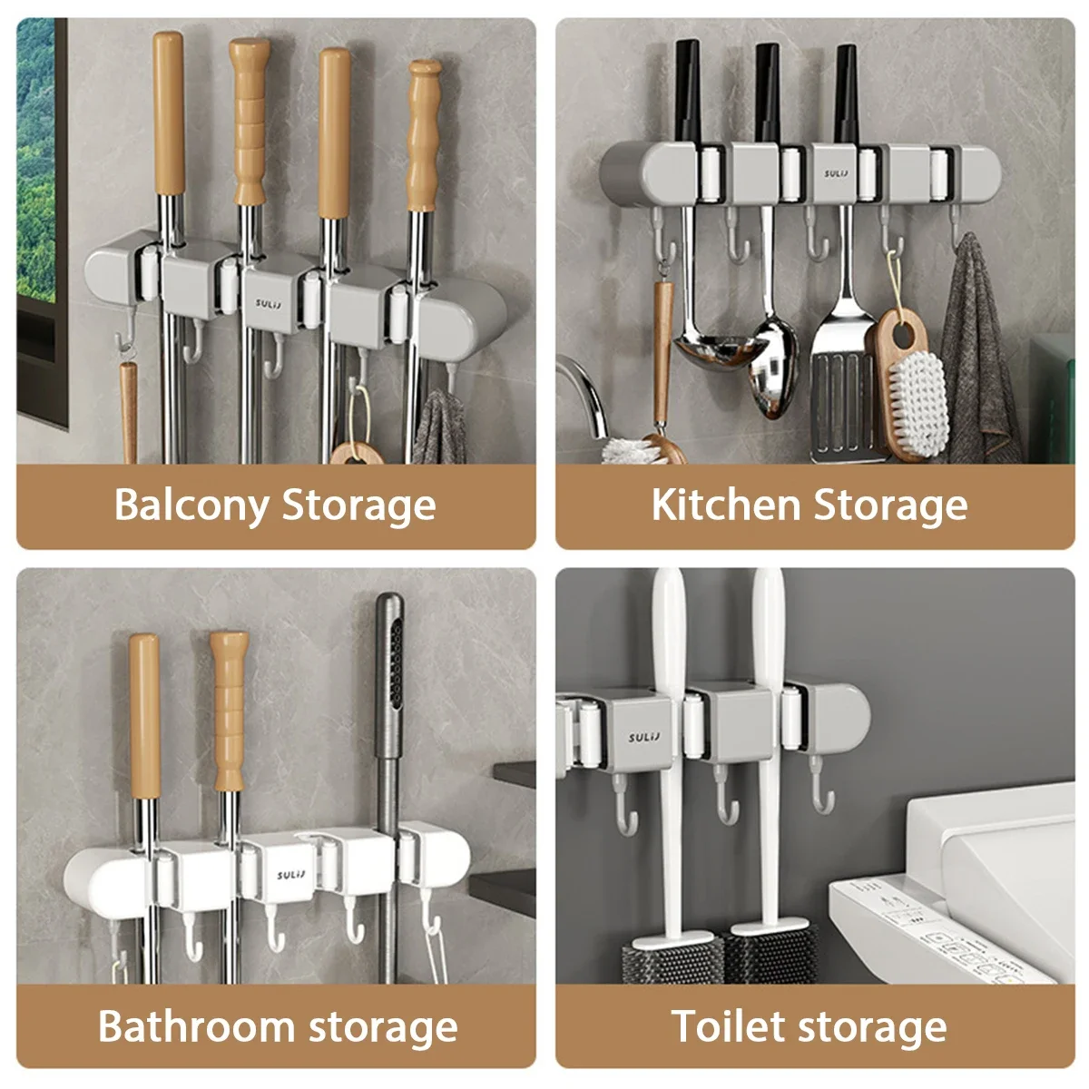 Broom Mop Holder with Hooks Wall Mounted Broom Storage Rack No Drilling Self-Adhesive Kitchens Organizer Multifunction Holder thumbnail 6