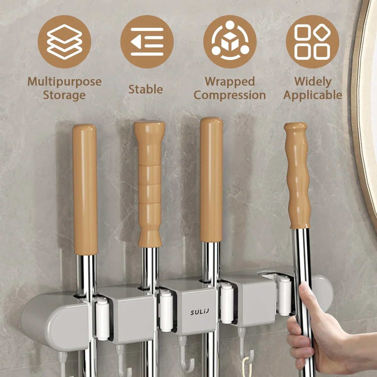 Broom Mop Holder with Hooks Wall Mounted Broom Storage Rack No Drilling Self-Adhesive Kitchens Organizer Multifunction Holder thumbnail 2