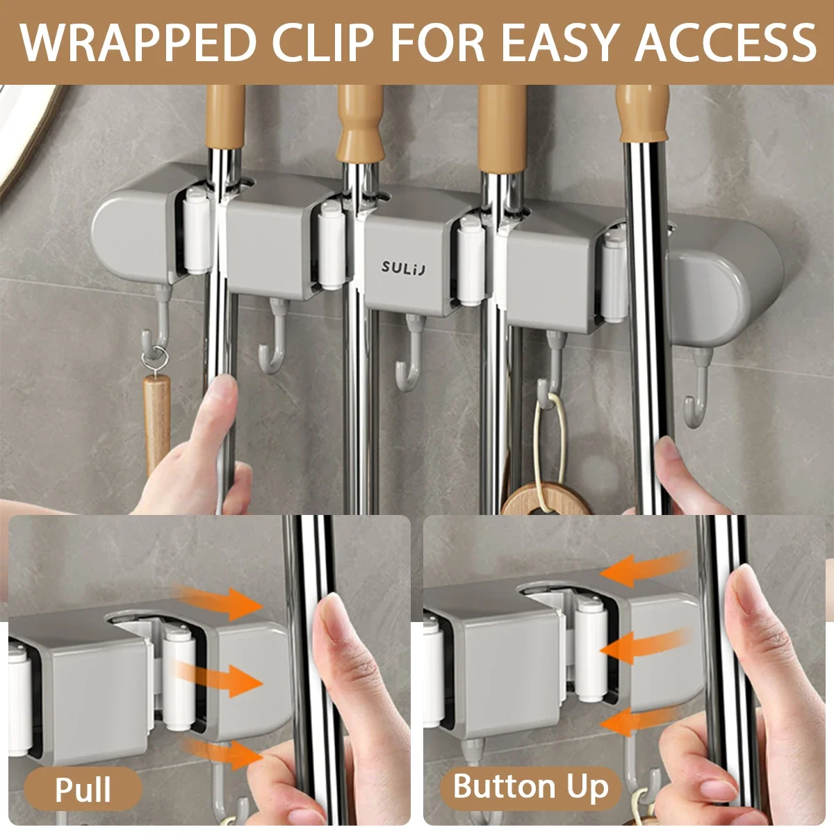 Broom Mop Holder with Hooks Wall Mounted Broom Storage Rack No Drilling Self-Adhesive Kitchens Organizer Multifunction Holder thumbnail 5
