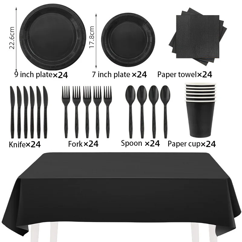 Solid Black Theme Cutlery Birthday Party Paper Disposable Tableware Paper Napkins Cups Plates Tablecloth Fork spoon Party Decor thumbnail 6