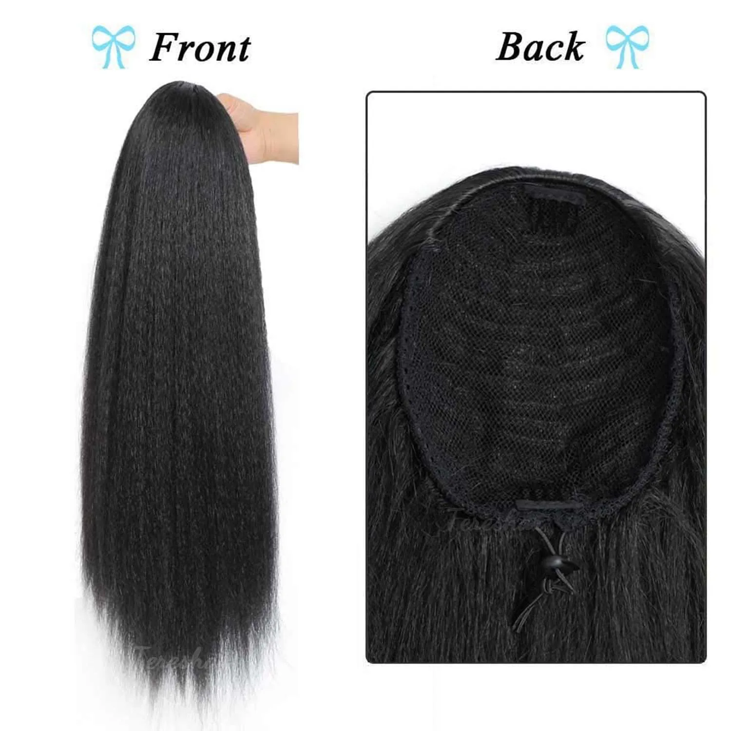 Synthetic Yaki Drawstring Ponytail Extension with Bangs Long Yaki Straight Clip in Ponytails Extension Hairpiece for Daily Use thumbnail 5