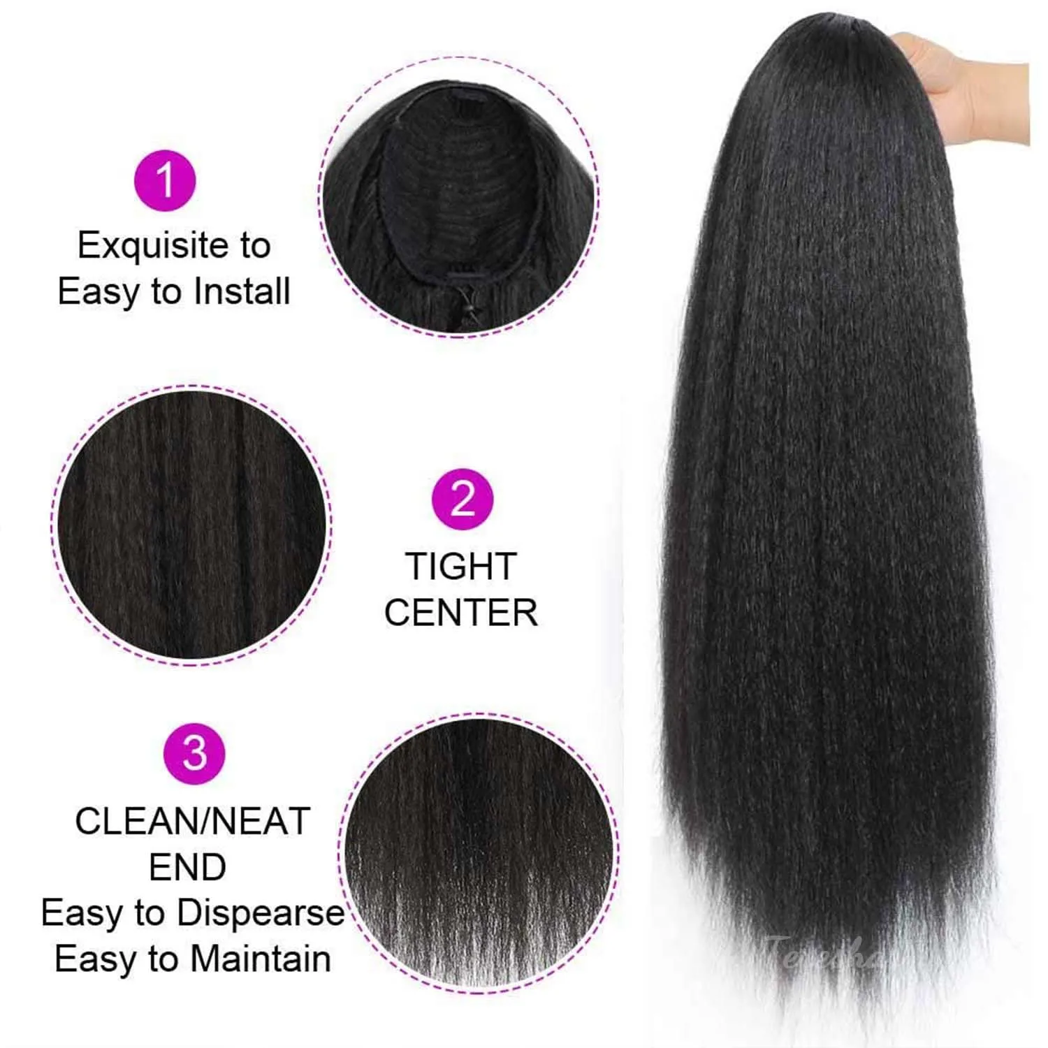 Synthetic Yaki Drawstring Ponytail Extension with Bangs Long Yaki Straight Clip in Ponytails Extension Hairpiece for Daily Use thumbnail 4