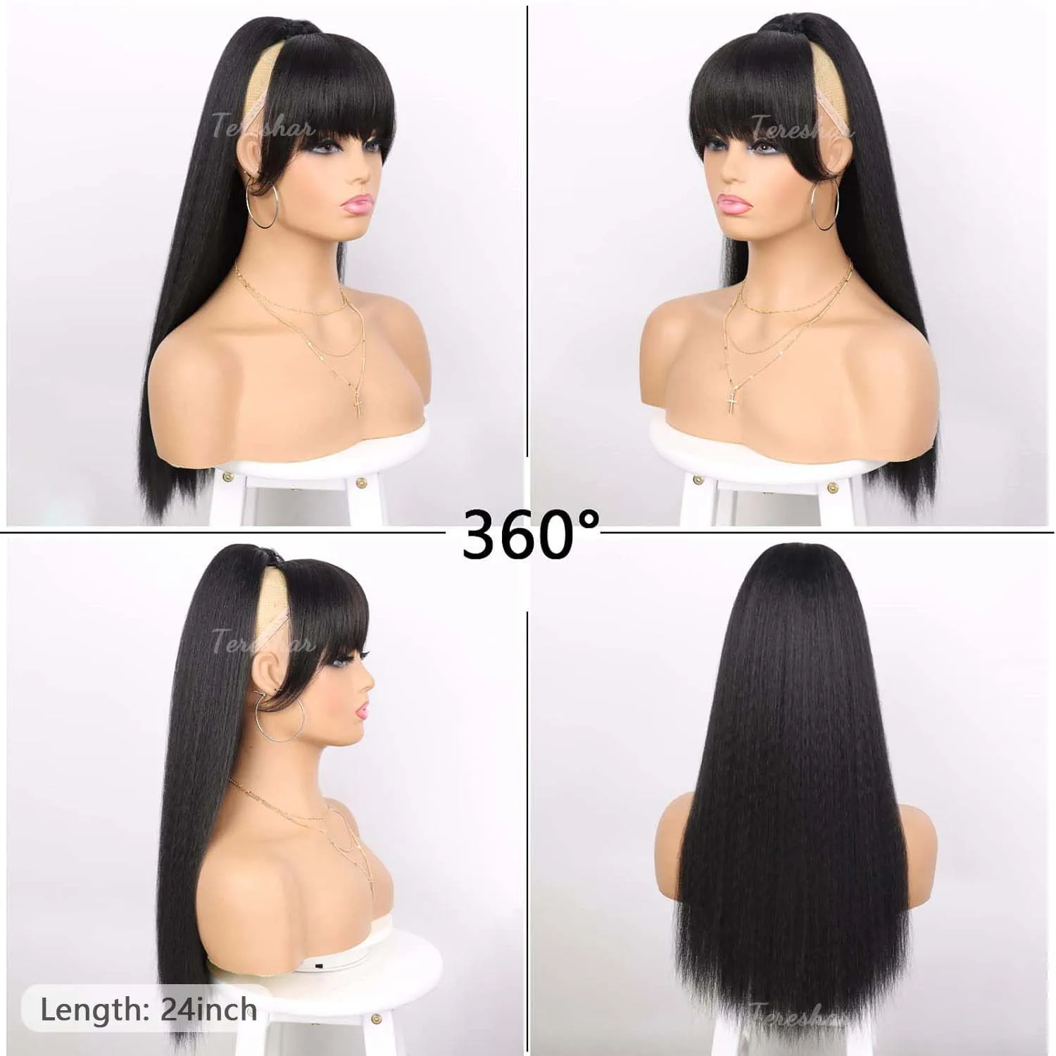Synthetic Yaki Drawstring Ponytail Extension with Bangs Long Yaki Straight Clip in Ponytails Extension Hairpiece for Daily Use thumbnail 2