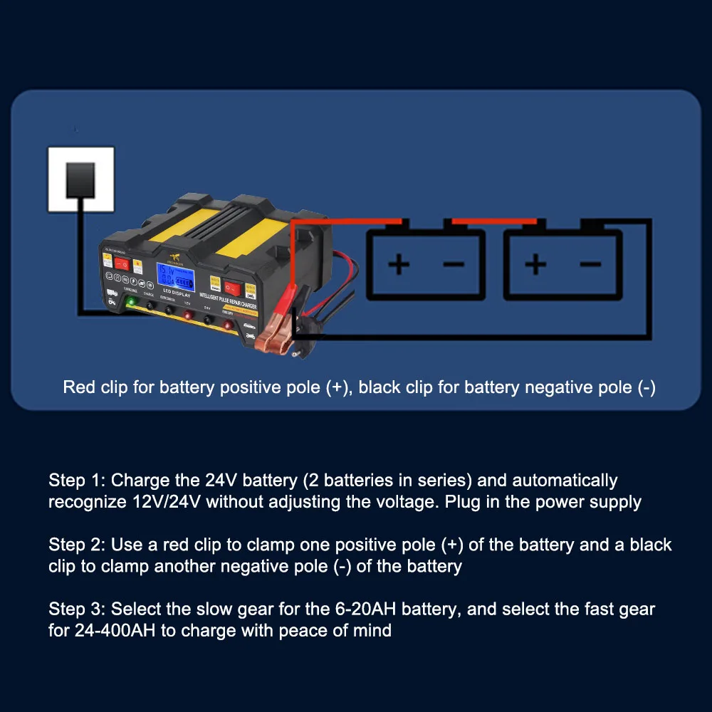 EU Plug LCD Display 220W Full Automatic Car Battery Charger Intelligent Pulse Repair Battery Charger 300AH For Wet Dry Lead Acid thumbnail 3