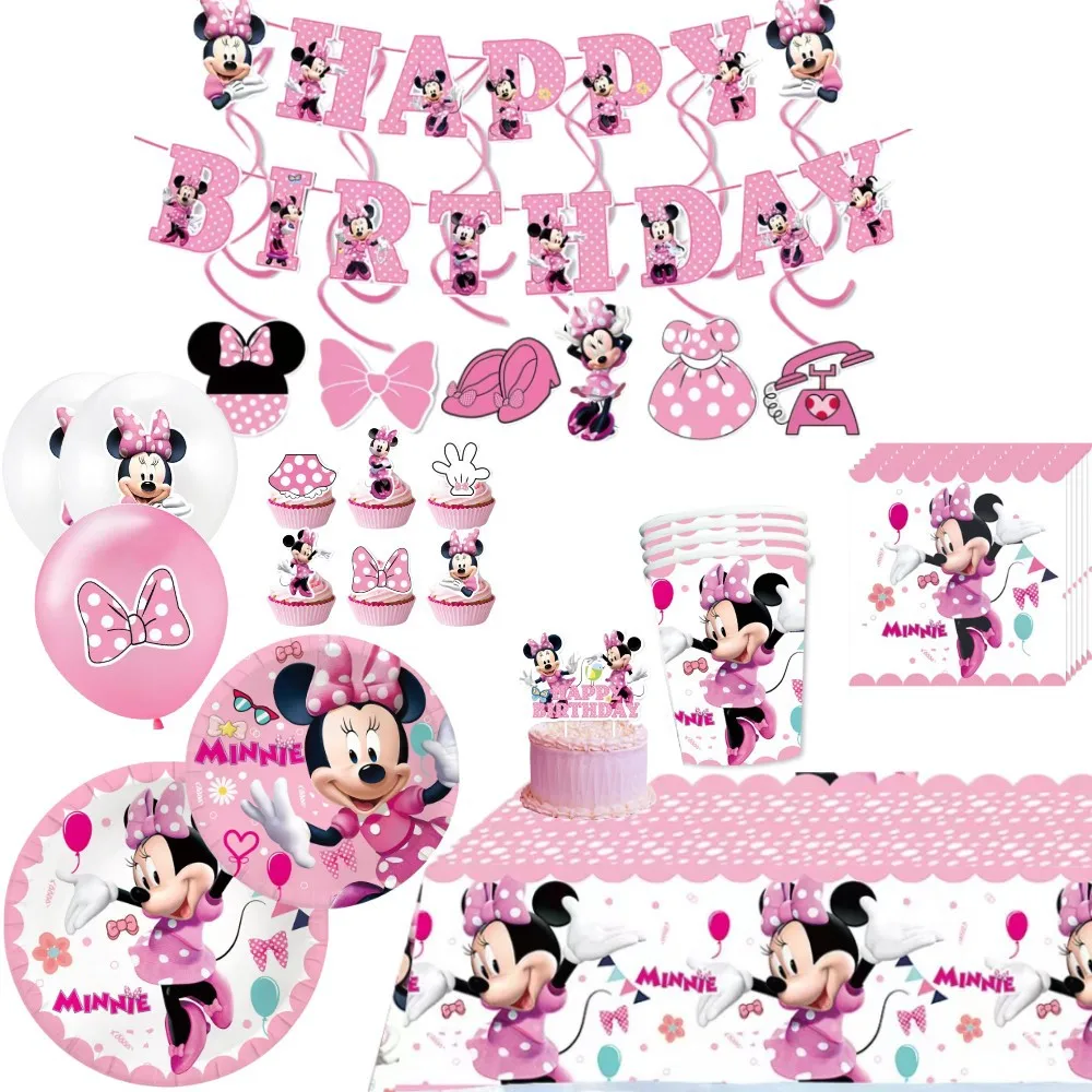 Minnie Birthday Party Decoration Pink Minnie Paper Tableware Set Cups Plate Tablecloth Balloon Banner Gifts Bag Party Supplies thumbnail 4