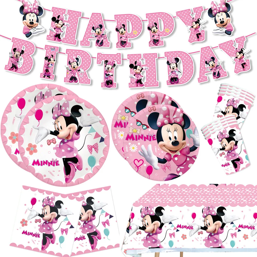 Minnie Birthday Party Decoration Pink Minnie Paper Tableware Set Cups Plate Tablecloth Balloon Banner Gifts Bag Party Supplies thumbnail 5