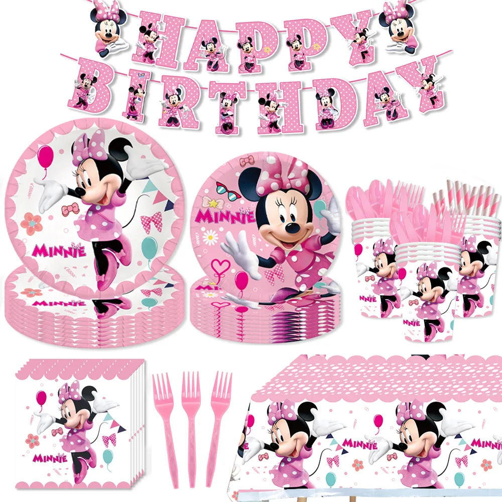 Minnie Birthday Party Decoration Pink Minnie Paper Tableware Set Cups Plate Tablecloth Balloon Banner Gifts Bag Party Supplies thumbnail 6
