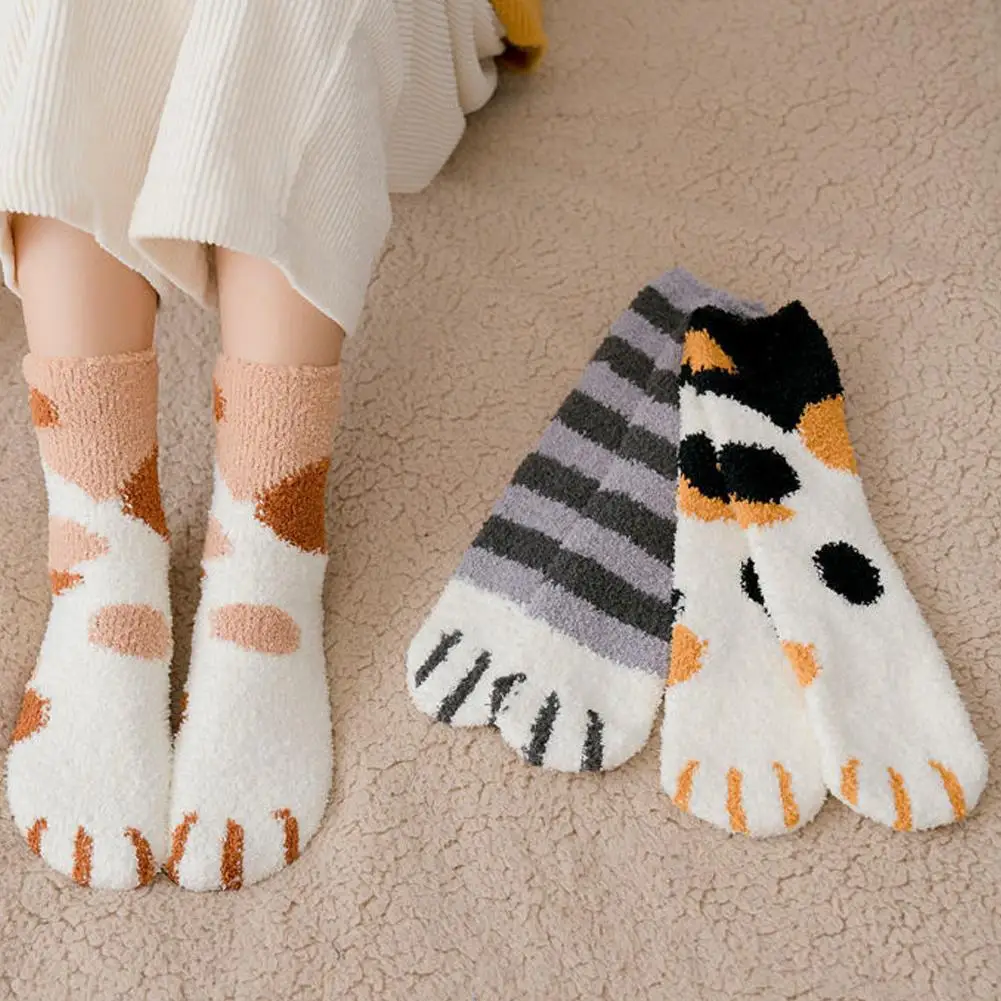 Women Winter Warm Fluffy Socks Cute Animal Claw Cat Paw Footprint Fuzzy Socks Female Thick Coral Fleece Home Floor Sleep Socks thumbnail 4