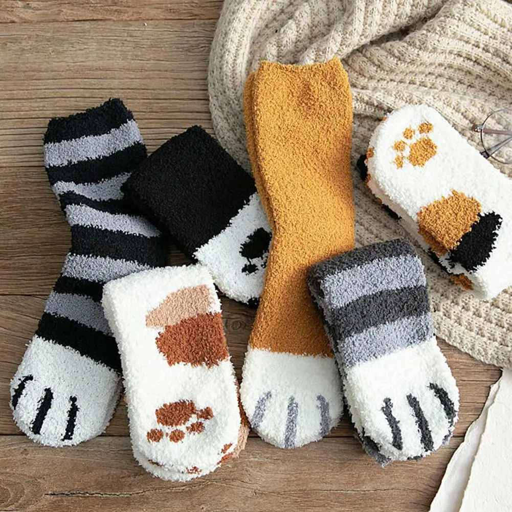 Women Winter Warm Fluffy Socks Cute Animal Claw Cat Paw Footprint Fuzzy Socks Female Thick Coral Fleece Home Floor Sleep Socks thumbnail 5