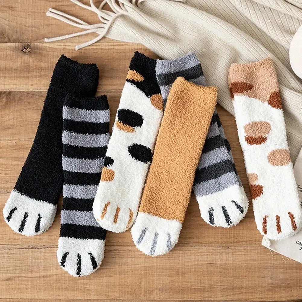 Women Winter Warm Fluffy Socks Cute Animal Claw Cat Paw Footprint Fuzzy Socks Female Thick Coral Fleece Home Floor Sleep Socks thumbnail 3