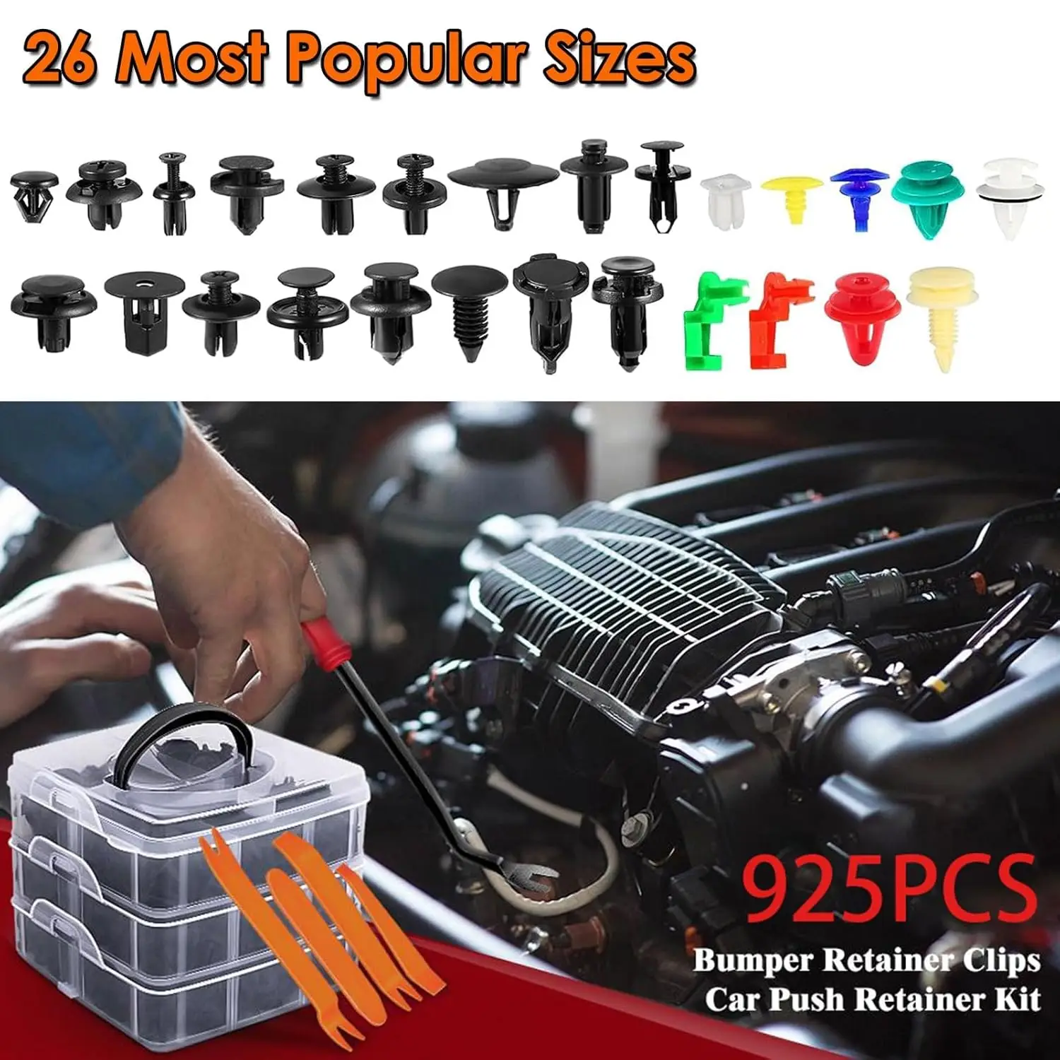 925Car Trim Clips Set with Removal Tools Auto Body Rivets Fasteners Retainer Clips for Bumper Door Fender Car Plastic Rivet Kit thumbnail 2