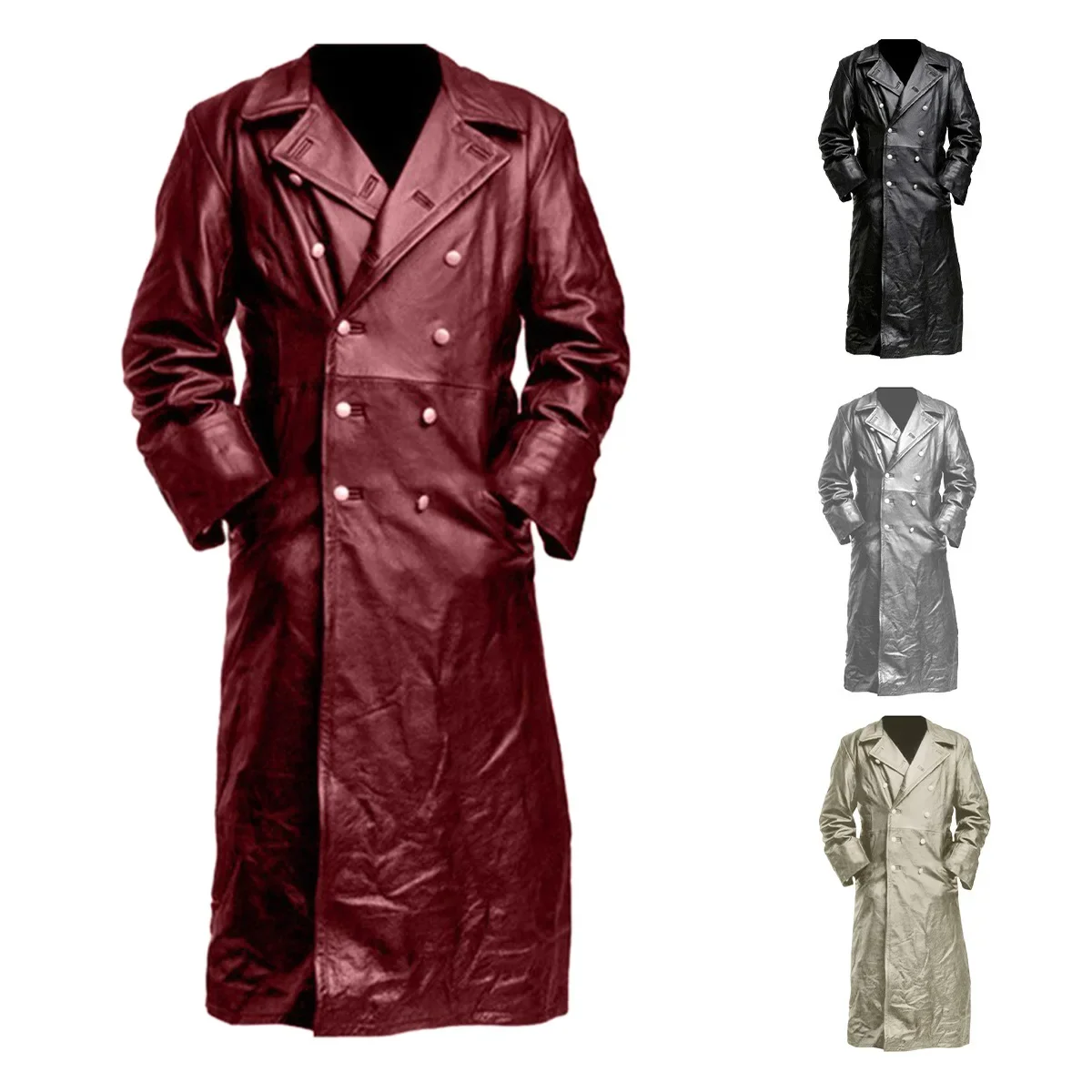 Men Faux Leather Coats Pu Long Coat Splice Double Breasted Turn Down Collar Slim Fit Thick Casual Jackets Autumn Winter thumbnail 2