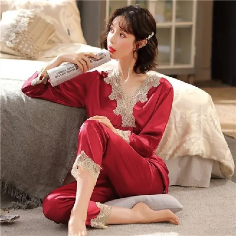 Ice Silk Pajamas Women Long Sleeve Lace Green Premium Sense Two Piece Sweet Homewear Love Blue Casual Breathable Sleepwear thumbnail 4