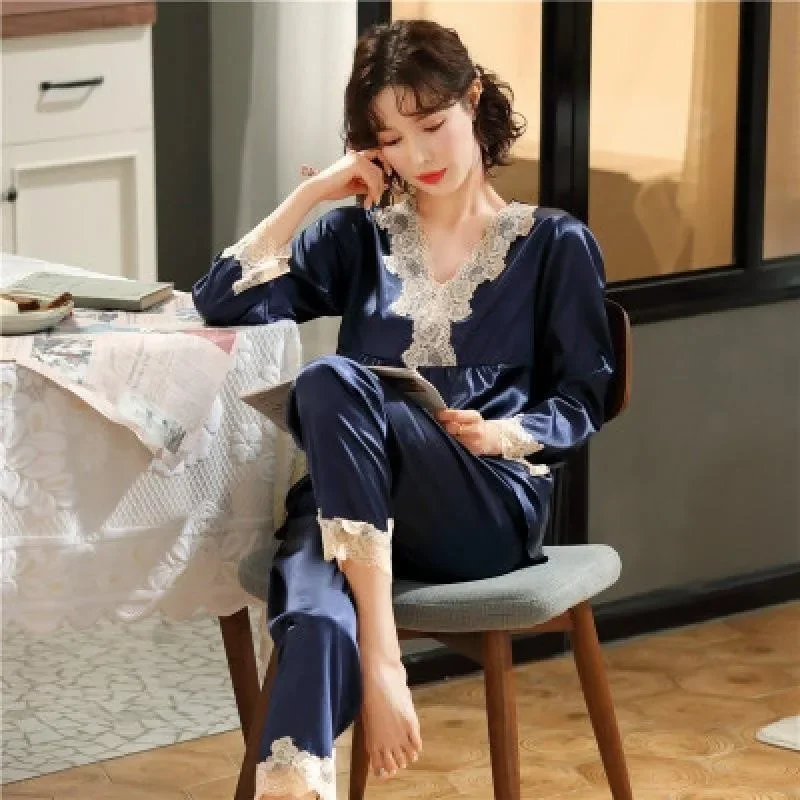 Ice Silk Pajamas Women Long Sleeve Lace Green Premium Sense Two Piece Sweet Homewear Love Blue Casual Breathable Sleepwear thumbnail 3