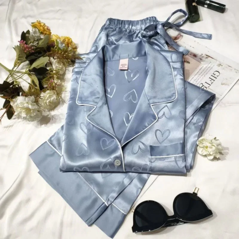 Ice Silk Pajamas Women Long Sleeve Lace Green Premium Sense Two Piece Sweet Homewear Love Blue Casual Breathable Sleepwear thumbnail 2