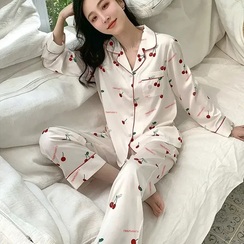Ice Silk Pajamas Women Long Sleeve Lace Green Premium Sense Two Piece Sweet Homewear Love Blue Casual Breathable Sleepwear thumbnail 6