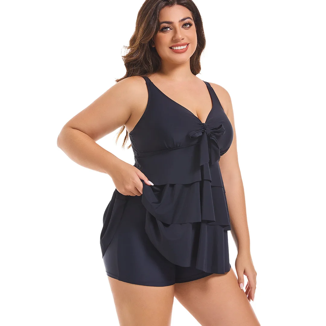 Women's Two Pieces Set Plus Size Tankini Swimsuits Ruffle Swim Tops And High Waist Shorts Bathing Suits Solid Swimwear thumbnail 2