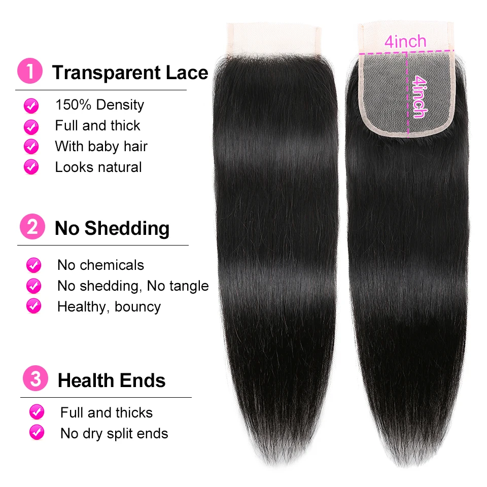 Lace Frontl Closure Peruvian Straight Closure 5x5 100% Human Hair Straight 13x4 Lace Frontal Natural Color Remy Hair Swiss Lace thumbnail 3