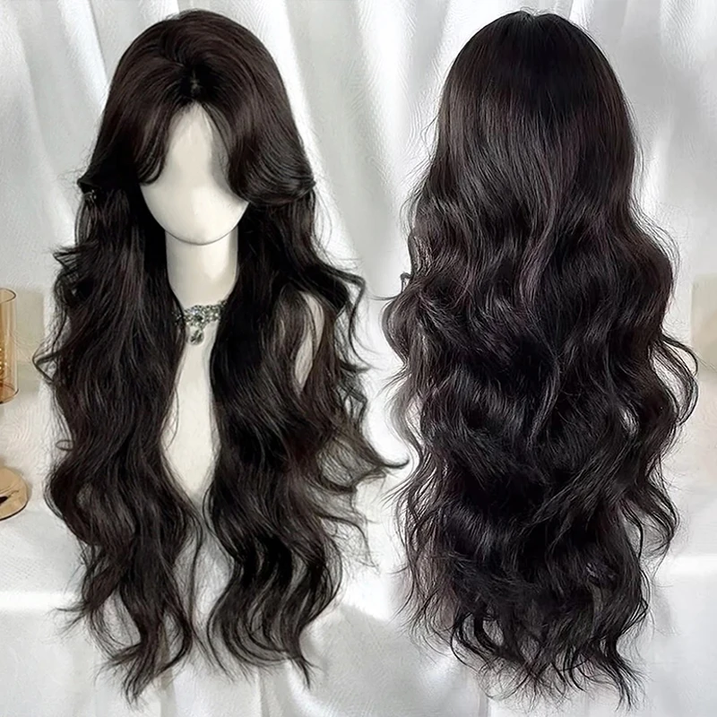 AOSIQUEEN Brown Wavy Wigs for Women with Bangs Long Natural Synthetic Hair Wig Daily Cosplay Heat Resistant thumbnail 2
