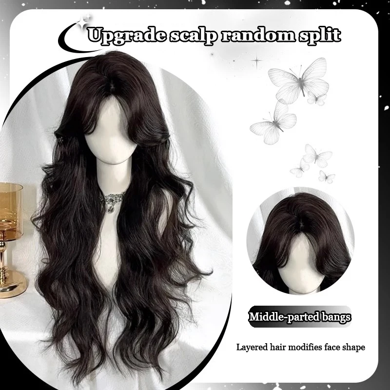 AOSIQUEEN Brown Wavy Wigs for Women with Bangs Long Natural Synthetic Hair Wig Daily Cosplay Heat Resistant thumbnail 3