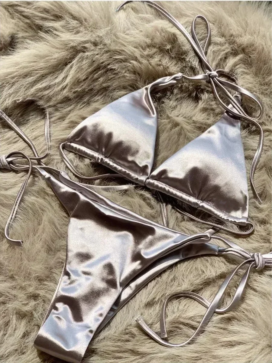 Halter Brazilian Metallic Satin Bikini Women Swimwear Female Swimsuit Two-pieces Bikini Set High Cut Bathing Suit Swim Beachwear thumbnail 3