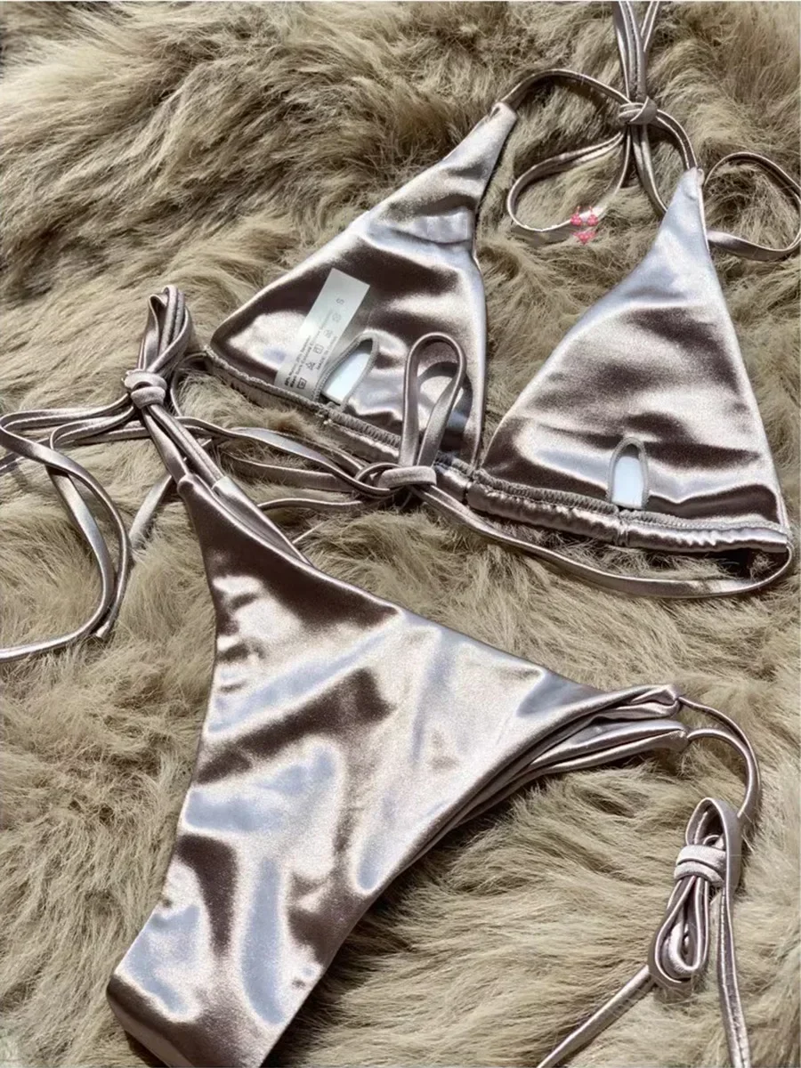 Halter Brazilian Metallic Satin Bikini Women Swimwear Female Swimsuit Two-pieces Bikini Set High Cut Bathing Suit Swim Beachwear thumbnail 4