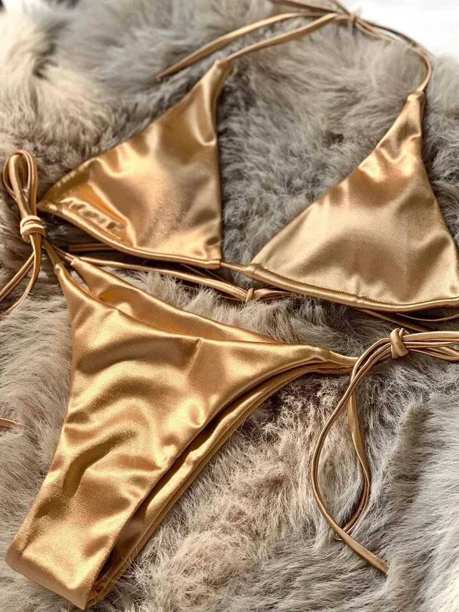 Halter Brazilian Metallic Satin Bikini Women Swimwear Female Swimsuit Two-pieces Bikini Set High Cut Bathing Suit Swim Beachwear thumbnail 5