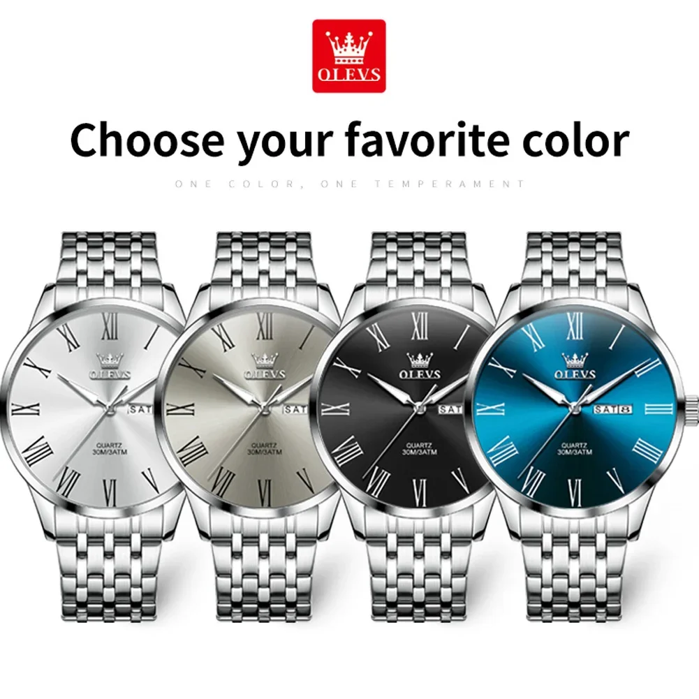 OLEVS Business Minimalist Stainless Steel Watch Man Luxury Luminous Hands Roman Scale Calendar Waterproof Quartz Watches for Men thumbnail 4