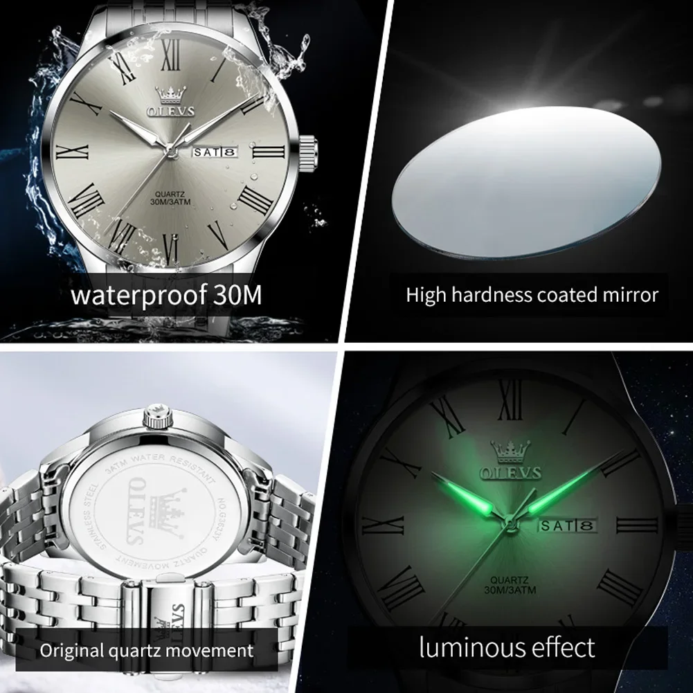 OLEVS Business Minimalist Stainless Steel Watch Man Luxury Luminous Hands Roman Scale Calendar Waterproof Quartz Watches for Men thumbnail 5