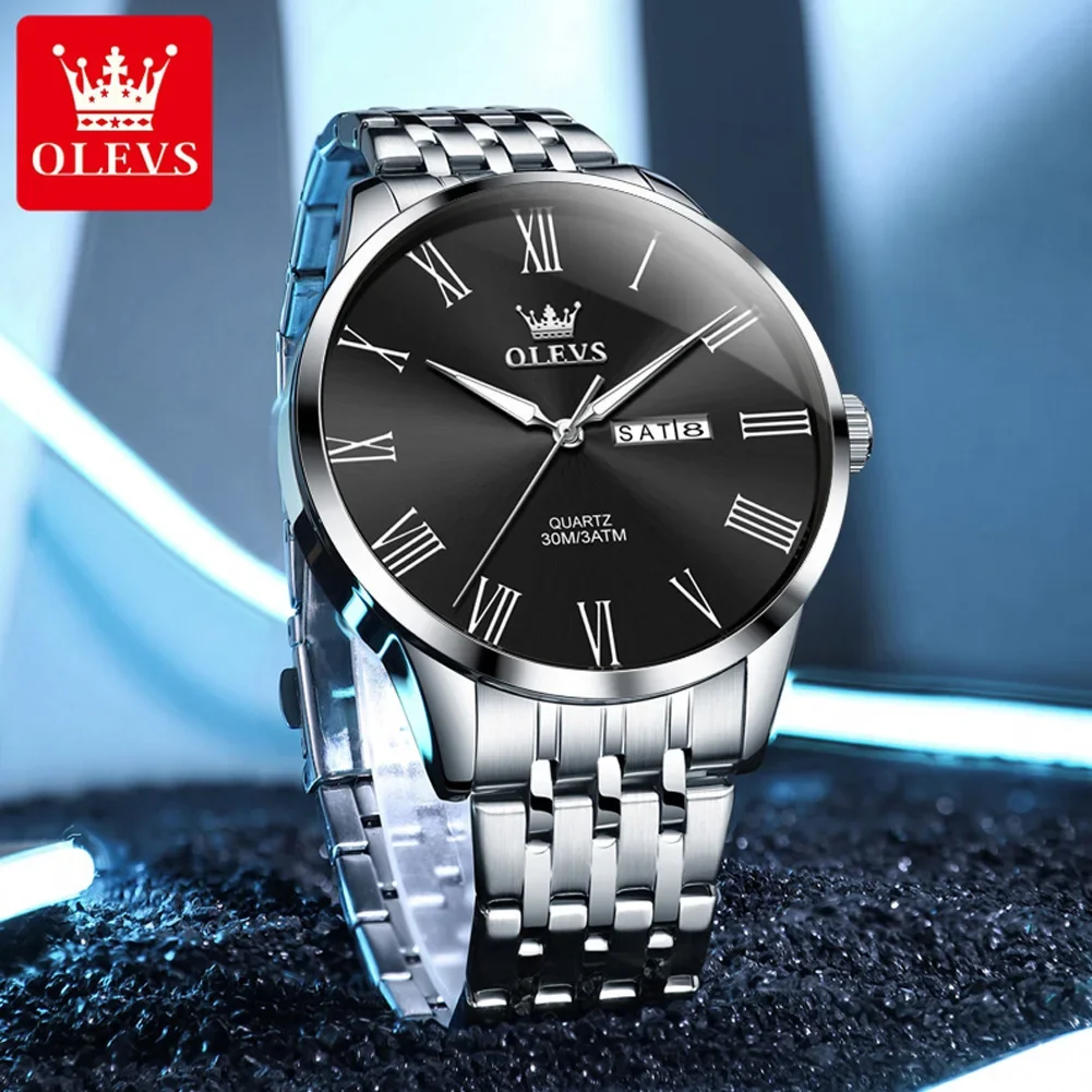OLEVS Business Minimalist Stainless Steel Watch Man Luxury Luminous Hands Roman Scale Calendar Waterproof Quartz Watches for Men thumbnail 3