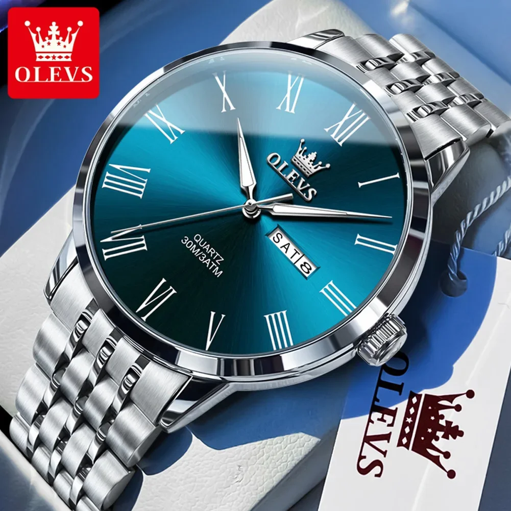 OLEVS Business Minimalist Stainless Steel Watch Man Luxury Luminous Hands Roman Scale Calendar Waterproof Quartz Watches for Men thumbnail 2