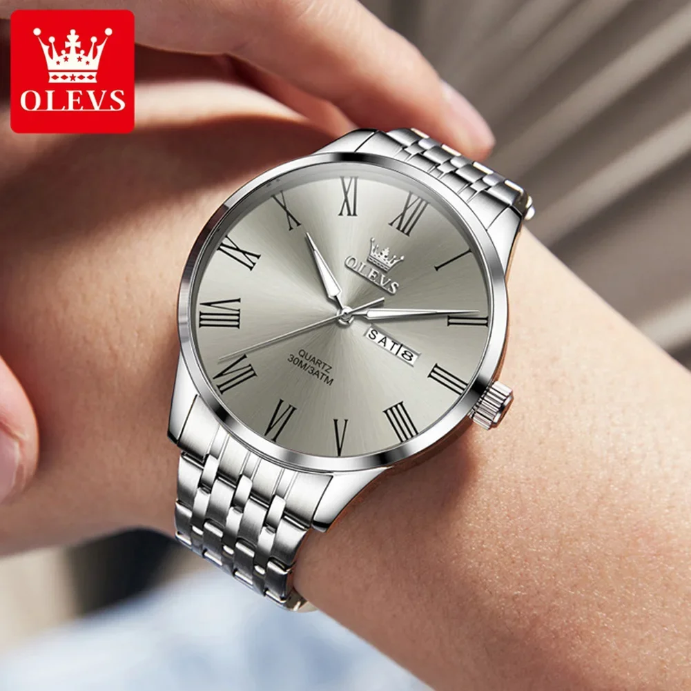 OLEVS Business Minimalist Stainless Steel Watch Man Luxury Luminous Hands Roman Scale Calendar Waterproof Quartz Watches for Men thumbnail 6