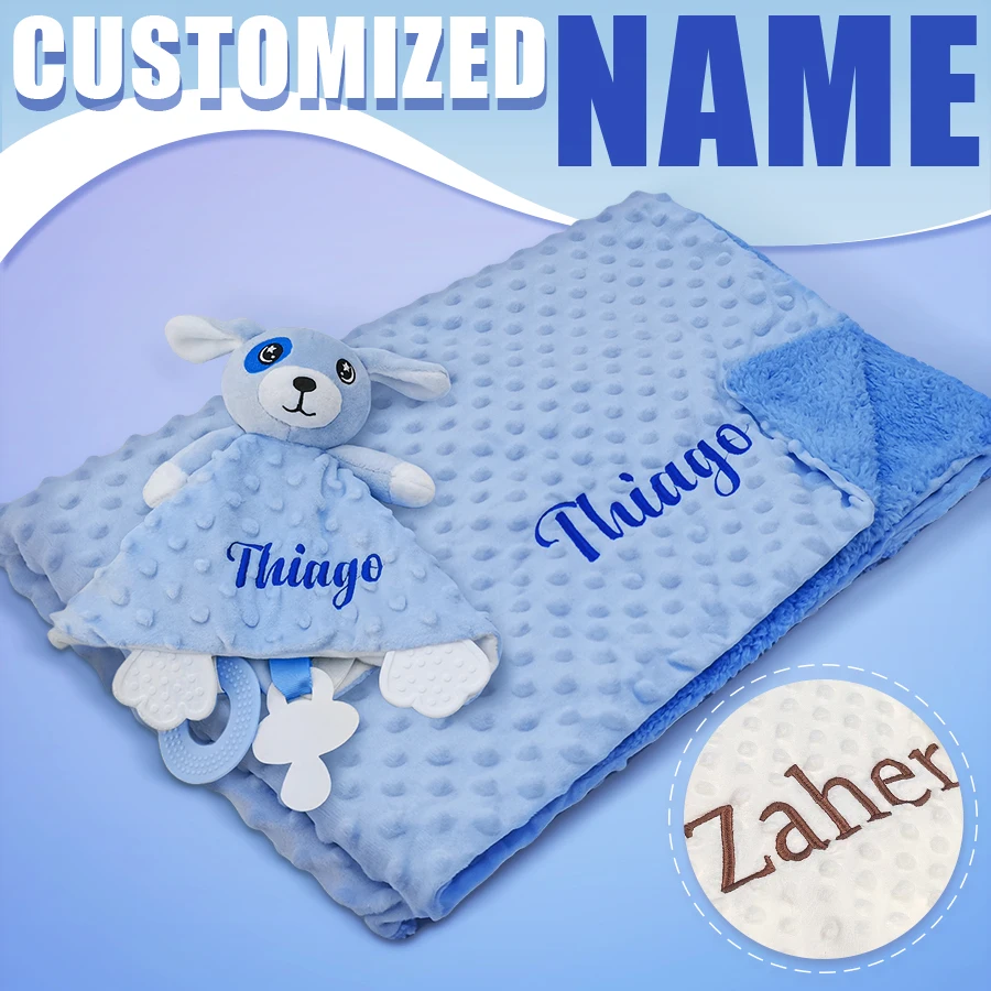 Personalized Newborn Baby Blanket with Name Custom Stroller Sleeping Dolls Animal Security Towel Gift Set for Baby Shower Gifts