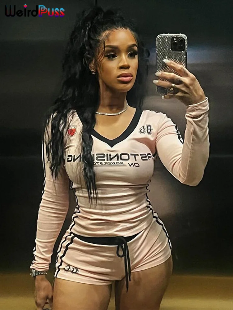 Weird Puss Women Tracksuit 2 Piece Set Stroke Tight Hipster Letter Print Sporty Casual Crop Tops+Shorts Street Matching Outfits thumbnail 5
