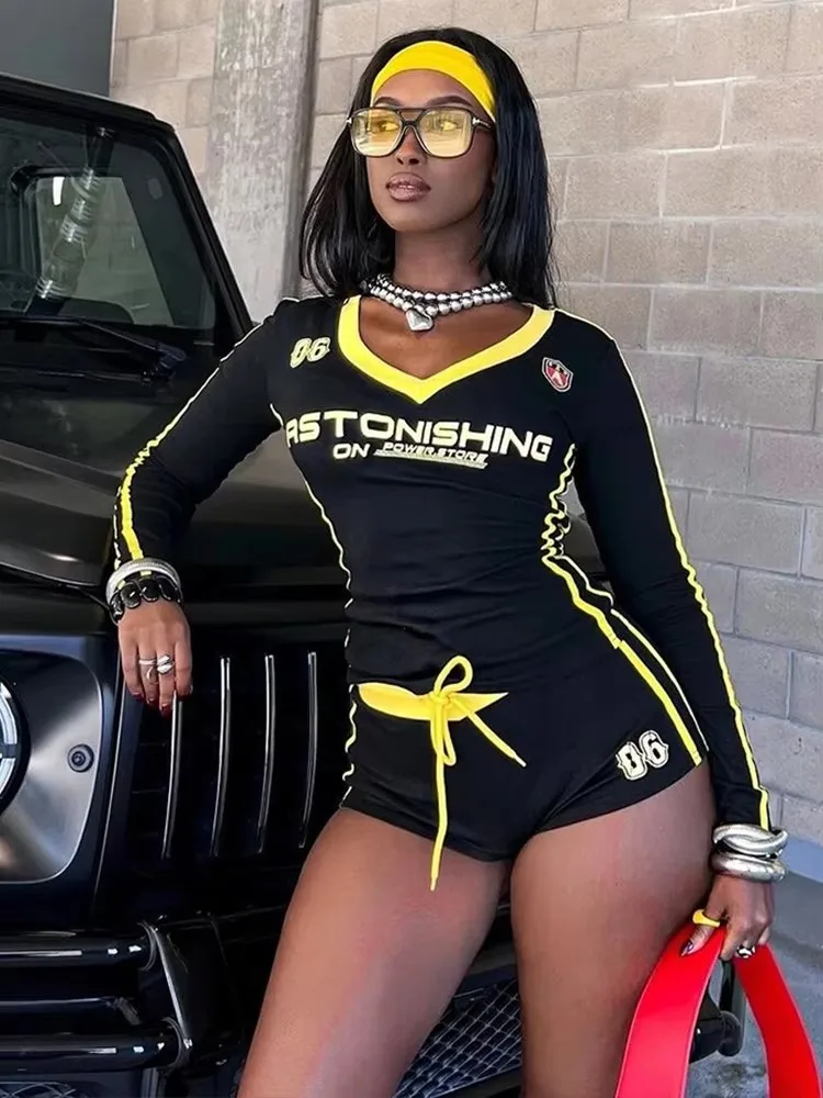 Weird Puss Women Tracksuit 2 Piece Set Stroke Tight Hipster Letter Print Sporty Casual Crop Tops+Shorts Street Matching Outfits thumbnail 2