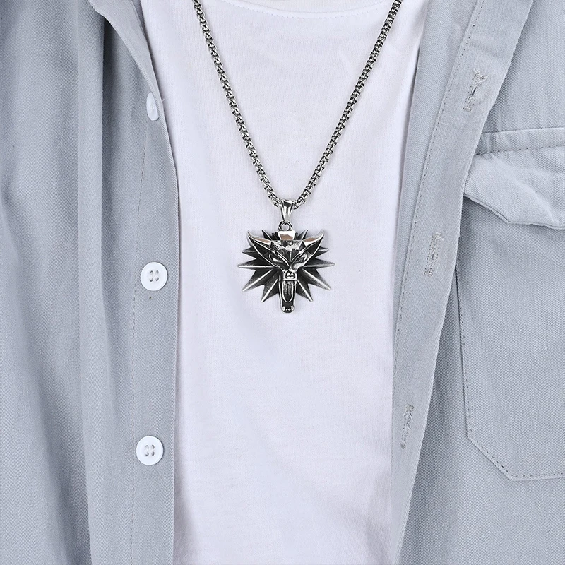 Stainless Steel Wizard 3 Wolf Head Pendant Retro Style Geralt of Rivia Men's Necklace Popular Medieval Witcher Jewelry Wholesale thumbnail 5